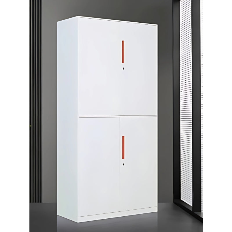 白色鋼製文件櫃雙門設計 White steel filing cabinet dual-door design,內部多層隔板存放獎盃文件 adjustable shelves storing trophy files,專業辦公室收納 professional office storage