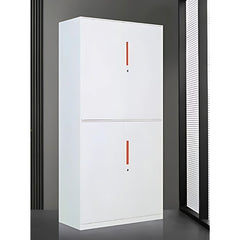 白色鋼製文件櫃雙門設計 White steel filing cabinet dual-door design,內部多層隔板存放獎盃文件 adjustable shelves storing trophy files,專業辦公室收納 professional office storage