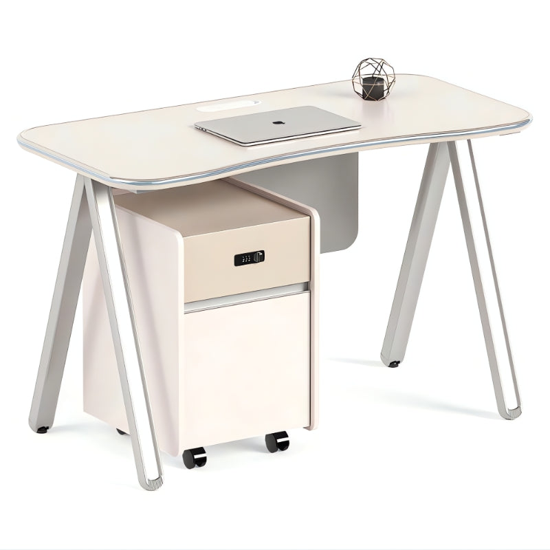 現代工作桌配A形金屬腿設計,白色面板與灰色支架,簡約風格適合香港辦公室傢俱和居家辦公 Contemporary work desk with A-frame metal legs, white top and gray pedestal structure, minimalist design for modern office and home workspace