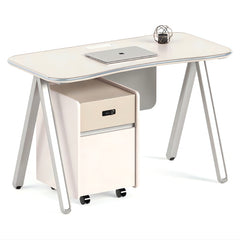 現代工作桌配A形金屬腿設計,白色面板與灰色支架,簡約風格適合香港辦公室傢俱和居家辦公 Contemporary work desk with A-frame metal legs, white top and gray pedestal structure, minimalist design for modern office and home workspace