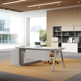 L型主管辦公桌組合,白色簡約設計配側櫃,香港辦公室傢俬首選    L-shaped manager desk set in white minimalist design with cabinet, top Hong Kong office furniture