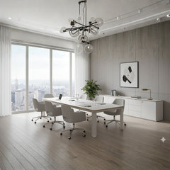 簡約會議空間展示白框木面會議桌配藍色座墊人體工學椅、筆電及裝飾植栽,城市景觀窗增添開闊感Minimalist conference space featuring white-frame wood-top table with blue-seat ergonomic chairs, laptop and decorative plants, city view windows