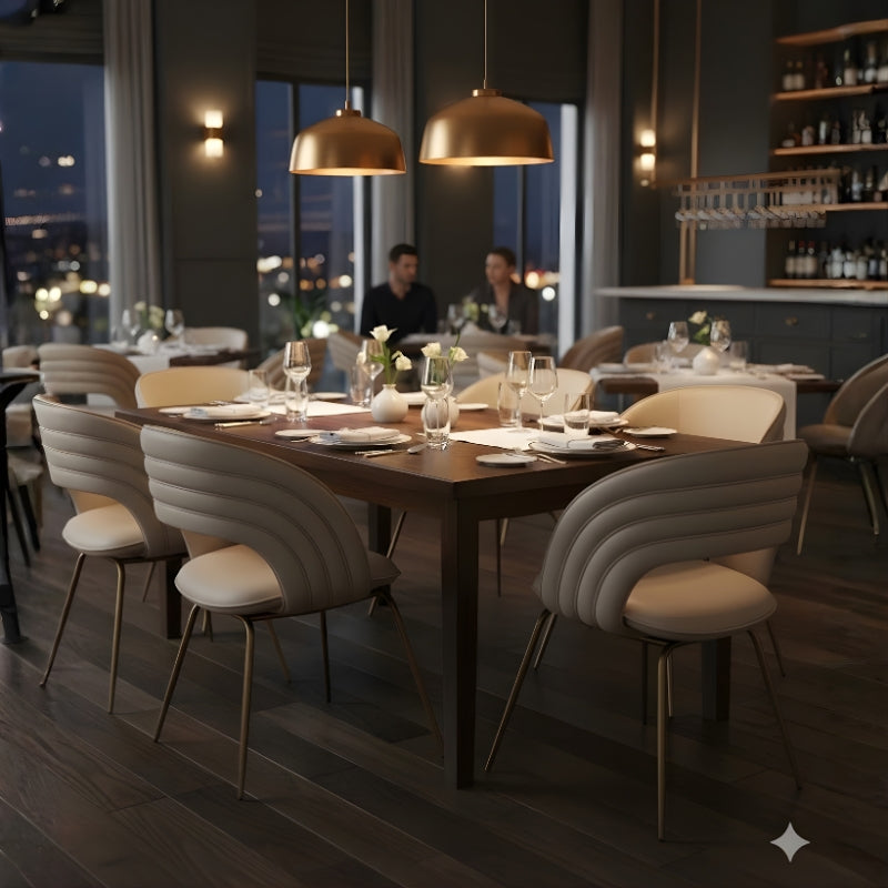 高級簡約餐椅,一體成型椅背設計,簡潔優雅的輪廓線條,適合現代居家和商業空間餐廳佈置 This high-end minimalist dining chair features an integrated backrest design with simple and elegant contour lines, making it suitable for modern home and commercial space restaurant settings.