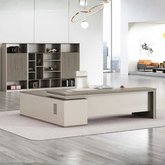 時尚寫字枱配木質面板,融合現代辦公室設計,附儲物架及工作座位,提供人體工學工作環境 Elegant modern office desk with wood panel features and storage shelving, offering ergonomic workspace design for contemporary office environments