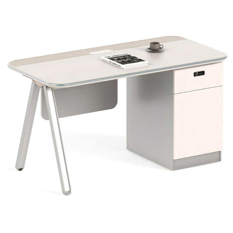 現代工作桌配A形金屬腿設計,白色面板與灰色支架,簡約風格適合香港辦公室傢俱和居家辦公 Contemporary work desk with A-frame metal legs, white top and gray pedestal structure, minimalist design for modern office and home workspace