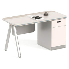 現代工作桌配A形金屬腿設計,白色面板與灰色支架,簡約風格適合香港辦公室傢俱和居家辦公 Contemporary work desk with A-frame metal legs, white top and gray pedestal structure, minimalist design for modern office and home workspace