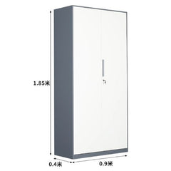 灰白色鋼製文件櫃雙門設計 Grey White steel filing cabinet dual-door design,內部多層隔板存放獎盃文件 adjustable shelves storing trophy files,專業辦公室收納 professional office storage