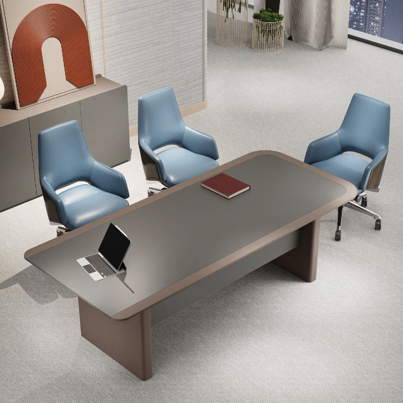 企業會議室展示大型會議桌配藍灰色座椅、現代照明系統及城市景觀窗,適合高階商務洽談與決策會議Corporate conference room showcasing large meeting table with blue-gray seating, modern lighting system and cityscape windows for executive meetings