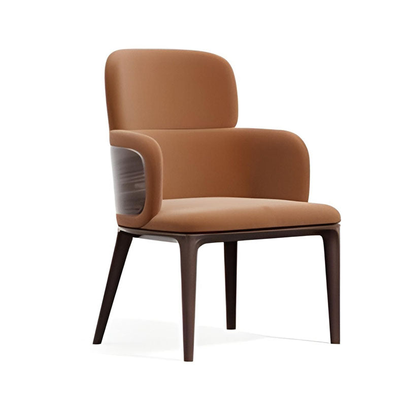 奢華餐廳餐椅設計,輕奢餐椅,多款風格包括棕色皮革扶手椅、木質框架與軟墊座面,置於現代室內環境,提供舒適用餐座位。Luxury restaurant dining chairs in various styles, including brown leather armchairs with wooden frames and cushioned seats in modern settings for comfortable dining.minimalist dining chair hong kong、velvet dining chair、leather armchair cafe.