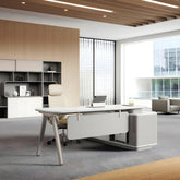 L型主管辦公桌組合,白色簡約設計配側櫃,香港辦公室傢俬首選    L-shaped manager desk set in white minimalist design with cabinet, top Hong Kong office furniture