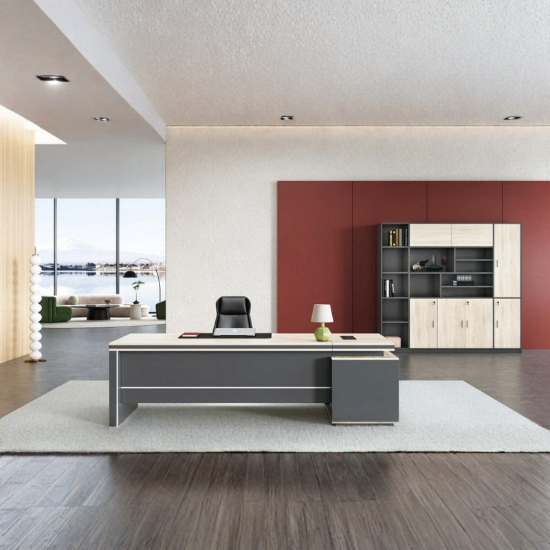 時尚寫字枱配木質面板,融合現代辦公室設計,附儲物架及工作座位,提供人體工學工作環境 Elegant modern office desk with wood panel features and storage shelving, offering ergonomic workspace design for contemporary office environments