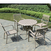 全鋁圓桌配四張鋁椅,設計簡約,適合戶外咖啡廳、平台。Outdoor round aluminium table and chairs set, ideal for Hong Kong patio and café.