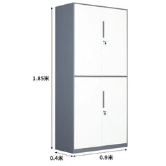 灰白色鋼製文件櫃雙門設計 Grey White steel filing cabinet dual-door design,內部多層隔板存放獎盃文件 adjustable shelves storing trophy files,專業辦公室收納 professional office storage