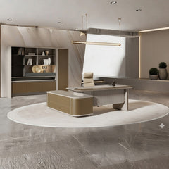 現代豪華總裁辦公桌配米金色飾面及LED燈帶、白色高背主管椅,開放式空間搭配展示櫃營造高端商務氛圍Modern luxury executive desk with beige-gold finish and LED lighting, white high-back chair in open-plan space with display cabinets for premium business ambiance