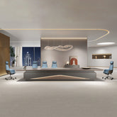 企業會議室展示大型會議桌配藍灰色座椅、現代照明系統及城市景觀窗,適合高階商務洽談與決策會議Corporate conference room showcasing large meeting table with blue-gray seating, modern lighting system and cityscape windows for executive meetings