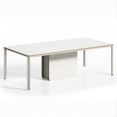 簡約會議空間展示白框木面會議桌配藍色座墊人體工學椅、筆電及裝飾植栽,城市景觀窗增添開闊感Minimalist conference space featuring white-frame wood-top table with blue-seat ergonomic chairs, laptop and decorative plants, city view windows