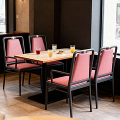 奢華餐廳餐椅設計,輕奢餐椅,多款風格包括棕色皮革扶手椅、木質框架與軟墊座面,置於現代室內環境,提供舒適用餐座位。Luxury restaurant dining chairs in various styles, including brown leather armchairs with wooden frames and cushioned seats in modern settings for comfortable dining.minimalist dining chair hong kong、velvet dining chair、leather armchair cafe.