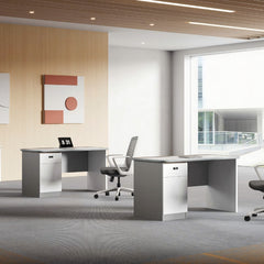 現代工作桌配A形金屬腿設計,白色面板與灰色支架,簡約風格適合香港辦公室傢俱和居家辦公 Contemporary work desk with A-frame metal legs, white top and gray pedestal structure, minimalist design for modern office and home workspace