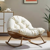 北歐風戶外休閒搖椅,實木底座白色坐墊藍色抱枕,陽台庭院適用,室內外兩用 | 户外休闲摇椅 | Nordic outdoor rocking chair