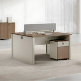 淺木紋辦公室活動檔案櫃:左側雙層右側三層抽屜設計,白色側板,底部滑輪便於辦公空間靈活移動。Light wood grain office mobile filing cabinets: two-drawer and three-drawer designs with white sides and wheels for flexible workspace organization.