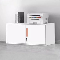 白色鋼製文件櫃雙門設計 White steel filing cabinet dual-door design,內部多層隔板存放獎盃文件 adjustable shelves storing trophy files,專業辦公室收納 professional office storage