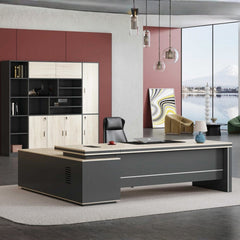 時尚寫字枱配木質面板,融合現代辦公室設計,附儲物架及工作座位,提供人體工學工作環境 Elegant modern office desk with wood panel features and storage shelving, offering ergonomic workspace design for contemporary office environments