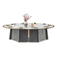 酒店包廂電動餐枱,宴會廳大圓枱,家居電動轉盤餐枱,豪華圓形設計配旋轉轉盤,周圍環繞優雅座椅,置於精緻室內空間,適合高端宴會用餐。Luxury hotel private room electric dining table with rotating turntable, surrounded by elegant chairs in a sophisticated interior, ideal for upscale banquets.electric rotating dining table Hong Kong,luxury sintered stone dining table,