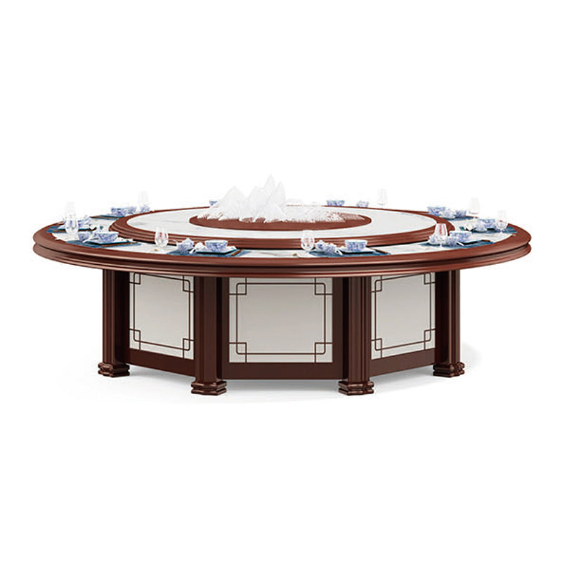 酒店包廂電動餐枱,宴會廳大圓枱,家居電動轉盤餐枱,豪華圓形設計配旋轉轉盤,周圍環繞優雅座椅,置於精緻室內空間,適合高端宴會用餐。Luxury hotel private room electric dining table with rotating turntable, surrounded by elegant chairs in a sophisticated interior, ideal for upscale banquets.electric rotating dining table Hong Kong,luxury sintered stone dining table,