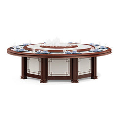 酒店包廂電動餐枱,宴會廳大圓枱,家居電動轉盤餐枱,豪華圓形設計配旋轉轉盤,周圍環繞優雅座椅,置於精緻室內空間,適合高端宴會用餐。Luxury hotel private room electric dining table with rotating turntable, surrounded by elegant chairs in a sophisticated interior, ideal for upscale banquets.electric rotating dining table Hong Kong,luxury sintered stone dining table,