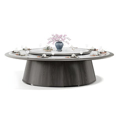 酒店包廂電動餐枱,宴會廳大圓枱,家居電動轉盤餐枱,豪華圓形設計配旋轉轉盤,周圍環繞優雅座椅,置於精緻室內空間,適合高端宴會用餐。Luxury hotel private room electric dining table with rotating turntable, surrounded by elegant chairs in a sophisticated interior, ideal for upscale banquets.electric rotating dining table Hong Kong,luxury sintered stone dining table,