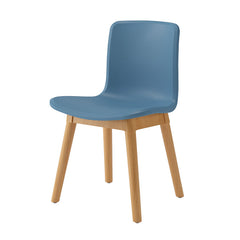 時尚餐桌椅,現代塑料一體成型座椅,搭配金屬或木質腿架。圖中展示藍色雪橇底座、橙色扶手款及黃色木腿款,適合家居或咖啡廳使用。Modern fashionable dining chairs with ergonomic molded plastic seats and metal or wood legs. Shown in blue sled base, orange with arms, and yellow wood legs variants for home or cafe.