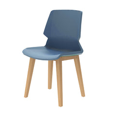 時尚餐桌椅,現代塑料一體成型座椅,搭配金屬或木質腿架。圖中展示藍色雪橇底座、橙色扶手款及黃色木腿款,適合家居或咖啡廳使用。Modern fashionable dining chairs with ergonomic molded plastic seats and metal or wood legs. Shown in blue sled base, orange with arms, and yellow wood legs variants for home or cafe.