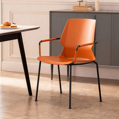 時尚餐桌椅,現代塑料一體成型座椅,搭配金屬或木質腿架。圖中展示藍色雪橇底座、橙色扶手款及黃色木腿款,適合家居或咖啡廳使用。Modern fashionable dining chairs with ergonomic molded plastic seats and metal or wood legs. Shown in blue sled base, orange with arms, and yellow wood legs variants for home or cafe.