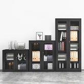 大容量鋼制櫃系列展示,黑色玻璃門設計,可放置文件夾、獎狀和辦公用品,整齊實用的儲物空間