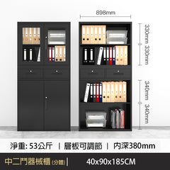 大容量鋼制櫃展示圖,黑色金屬材質文件櫃,配備多層可調式層板及抽屜,適合存放檔案夾與辦公用品