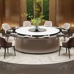 酒店包廂電動餐枱，宴會廳大圓枱，家居電動轉盤餐枱，豪華圓形設計配旋轉轉盤，周圍環繞優雅座椅，置於精緻室內空間，適合高端宴會用餐。Luxury hotel private room electric dining table with rotating turntable, surrounded by elegant chairs in a sophisticated interior, ideal for upscale banquets.electric rotating dining table Hong Kong，luxury sintered stone dining table，