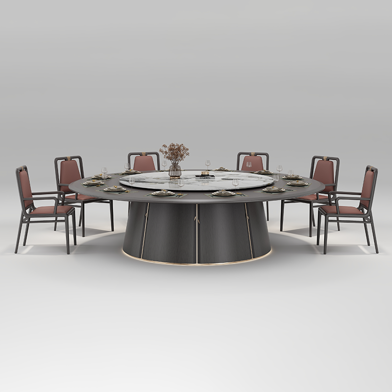 酒店包廂電動餐枱，宴會廳大圓枱，家居電動轉盤餐枱，豪華圓形設計配旋轉轉盤，周圍環繞優雅座椅，置於精緻室內空間，適合高端宴會用餐。Luxury hotel private room electric dining table with rotating turntable, surrounded by elegant chairs in a sophisticated interior, ideal for upscale banquets.electric rotating dining table Hong Kong，luxury sintered stone dining table，