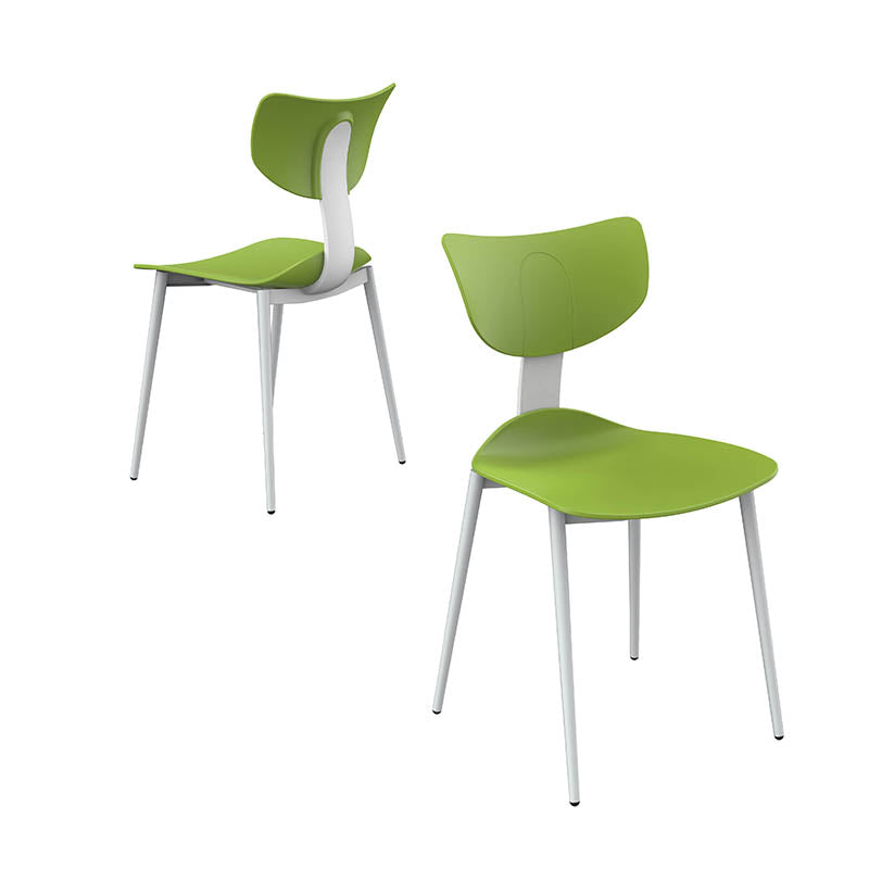 時尚餐桌椅，現代塑料一體成型座椅，搭配金屬或木質腿架。圖中展示藍色雪橇底座、橙色扶手款及黃色木腿款，適合家居或咖啡廳使用。Modern fashionable dining chairs with ergonomic molded plastic seats and metal or wood legs. Shown in blue sled base, orange with arms, and yellow wood legs variants for home or cafe.