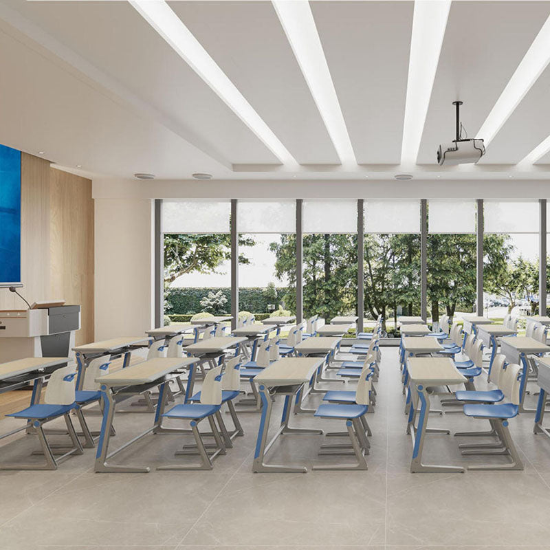 高級鋁合金課桌椅現代教室佈置，多套學生桌椅整齐排列，採用人體工學設計，適合學校培訓課室傢俬。Premium aluminum alloy school desk and chair set displayed in modern classroom layout, ergonomic design for students learning environment.