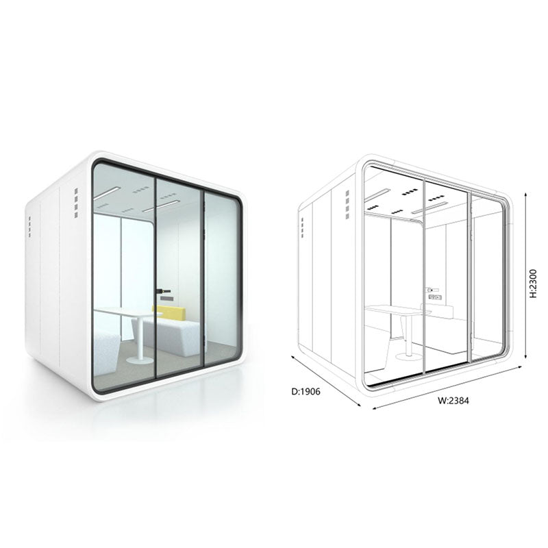 現代靜音辦公艙的多種尺寸展示，包括大型會議艙，和單人電話艙，以渲染圖、線框圖及辦公環境應用呈現，強調隔音與隱私設計。Modern soundproof office pods in various sizes, featuring a large meeting booth，and single-person phone booth, displayed in renders, line drawings, and office settings for acoustic privacy.