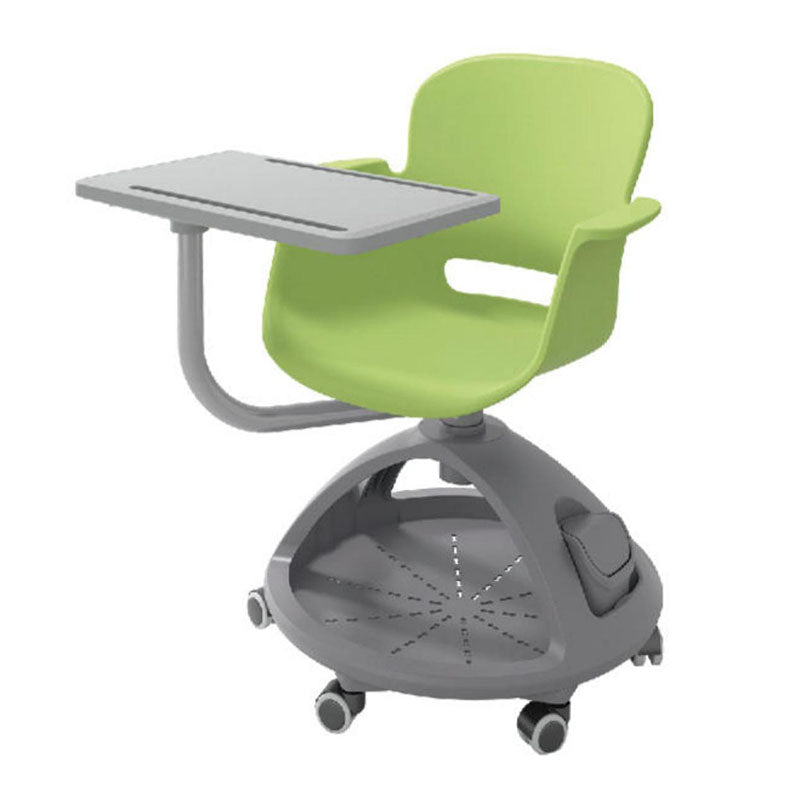 智慧教室多功能培訓椅，配備輪滑底座、翻轉書架、可調式記事板，白色座椅搭配彩色座墊設計。該培訓椅具有靈活性，適用於課堂討論、小組合作、互動教學等多種學習場景。整體設計簡潔現代，集成度高，提升課堂教學效率。Smart classroom multi-functional training chair with wheeled base, flip-around bookshelf, and adjustable writing tablet. Features white shell seat with colorful cushion options. Ideal for collaborative learning, group discussions, and interactive teaching. Modern, integrated design that enhances classroom efficiency and student engagement.