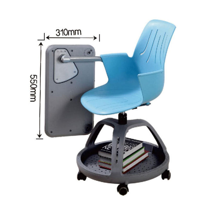 智慧教室多功能培訓椅，配備輪滑底座、翻轉書架、可調式記事板，白色座椅搭配彩色座墊設計。該培訓椅具有靈活性，適用於課堂討論、小組合作、互動教學等多種學習場景。整體設計簡潔現代，集成度高，提升課堂教學效率。Smart classroom multi-functional training chair with wheeled base, flip-around bookshelf, and adjustable writing tablet. Features white shell seat with colorful cushion options. Ideal for collaborative learning, group discussions, and interactive teaching. Modern, integrated design that enhances classroom efficiency and student engagement.