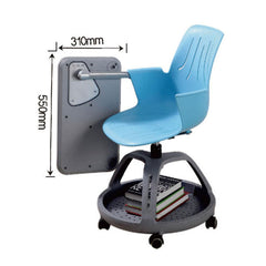 智慧教室多功能培訓椅，配備輪滑底座、翻轉書架、可調式記事板，白色座椅搭配彩色座墊設計。該培訓椅具有靈活性，適用於課堂討論、小組合作、互動教學等多種學習場景。整體設計簡潔現代，集成度高，提升課堂教學效率。Smart classroom multi-functional training chair with wheeled base, flip-around bookshelf, and adjustable writing tablet. Features white shell seat with colorful cushion options. Ideal for collaborative learning, group discussions, and interactive teaching. Modern, integrated design that enhances classroom efficiency and student engagement.