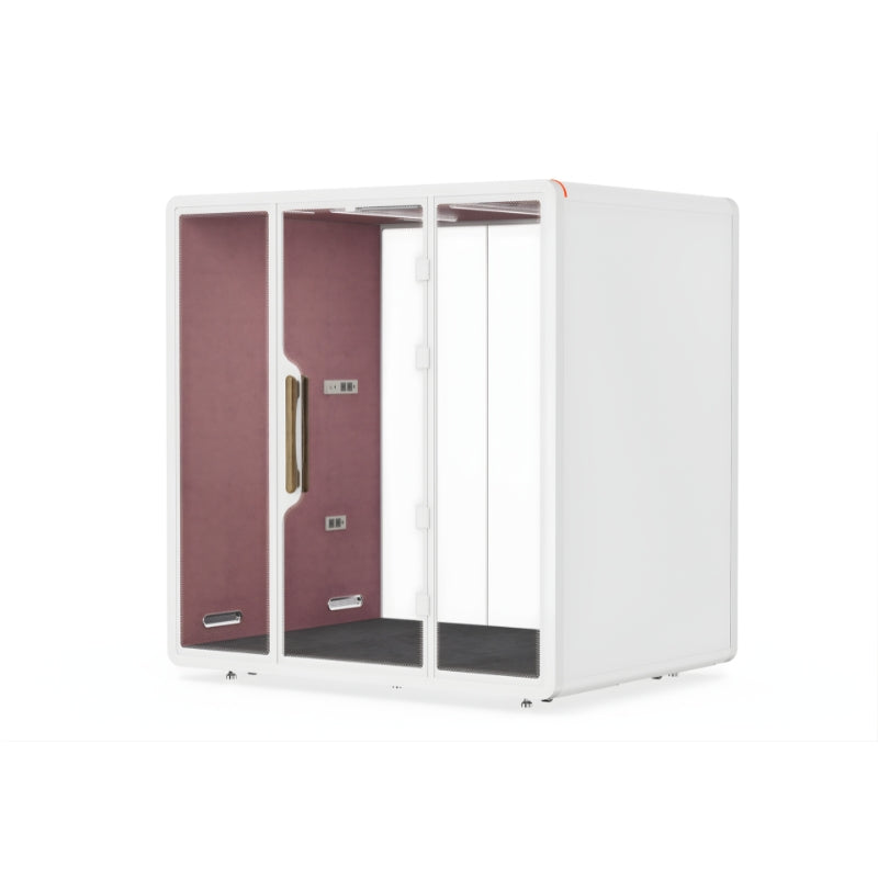 現代辦公室靜音艙，單人電話亭式隔音倉，配備透明鋼化玻璃門、內置LED照明及吸音棉隔音艙，提供私密隔音工作間適合視像會議及專注工作 Modern silent office cubicle, single-person telephone booth-style soundproof cabin, equipped with transparent tempered glass doors, built-in LED lighting and sound-absorbing cotton soundproof cabin, providing a private soundproof workspace suitable for video conferences and focused work.