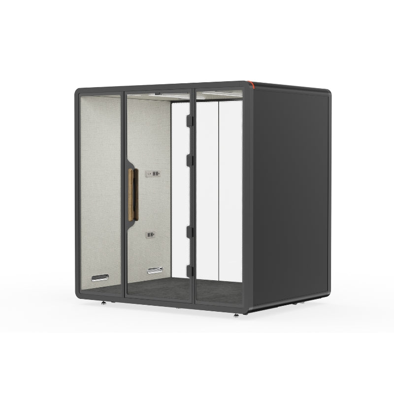 現代辦公室靜音艙，單人電話亭式隔音倉，配備透明鋼化玻璃門、內置LED照明及吸音棉隔音艙，提供私密隔音工作間適合視像會議及專注工作 Modern silent office cubicle, single-person telephone booth-style soundproof cabin, equipped with transparent tempered glass doors, built-in LED lighting and sound-absorbing cotton soundproof cabin, providing a private soundproof workspace suitable for video conferences and focused work.