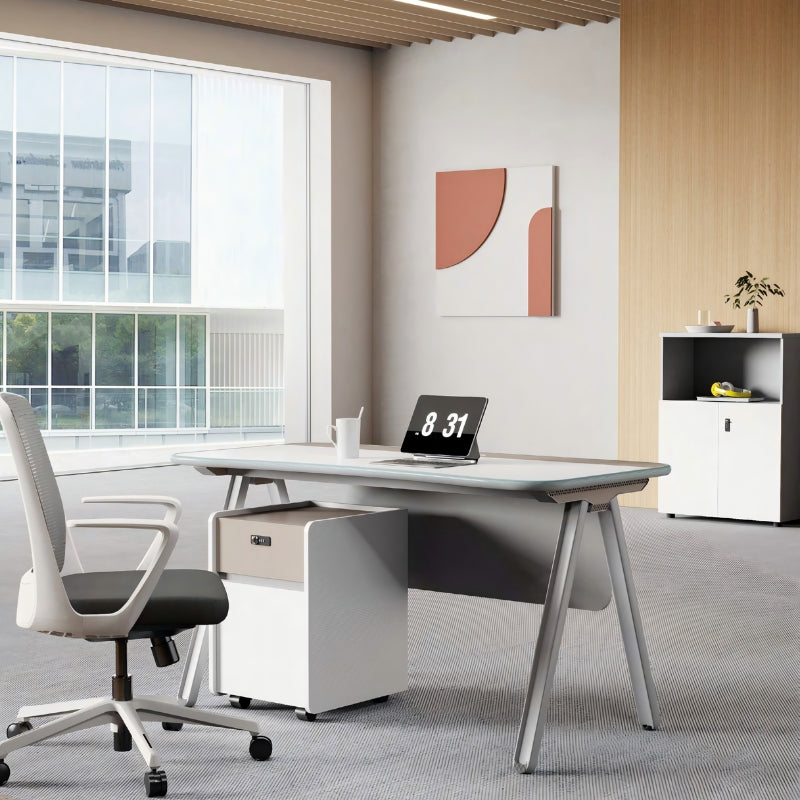 現代工作桌配A形金屬腿設計，白色面板與灰色支架，簡約風格適合香港辦公室傢俱和居家辦公   Contemporary work desk with A-frame metal legs, white top and gray pedestal structure, minimalist design for modern office and home workspace