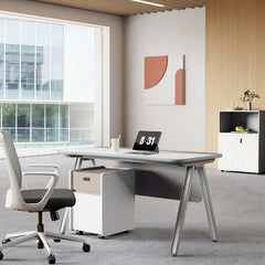 現代工作桌配A形金屬腿設計，白色面板與灰色支架，簡約風格適合香港辦公室傢俱和居家辦公   Contemporary work desk with A-frame metal legs, white top and gray pedestal structure, minimalist design for modern office and home workspace