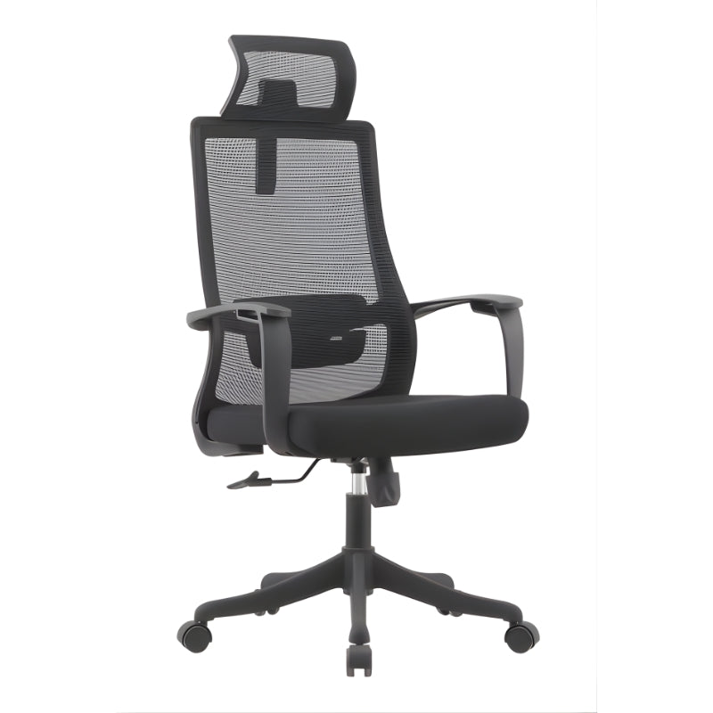 黑色網布高背辦公椅，可調頭枕與扶手，氣壓升降系統，360度旋轉輪，適合辦公室日常工作使用 Black mesh high-back office chair with adjustable headrest and armrests, gas lift system, 360-degree swivel casters, ideal for daily office work environments