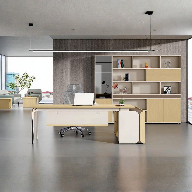 高級單人主管辦公台，光木色檯面配白色儲物櫃，現代簡約設計，適合香港寫字樓及主管房，提升辦公室專業形象Premium single executive desk with light wood top and white storage cabinets, modern minimalist design for professional Hong Kong offices and executive rooms