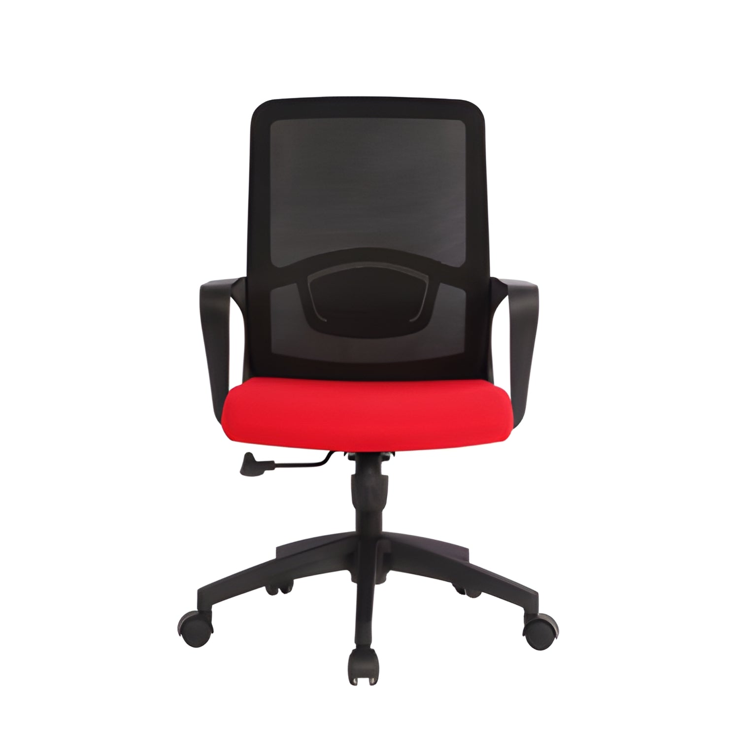 網布中背辦公椅，人體工學支撐設計，適合會議室和洽談區使用。 The mesh back office chair features an ergonomic support design, suitable for use in meeting rooms and negotiation areas.